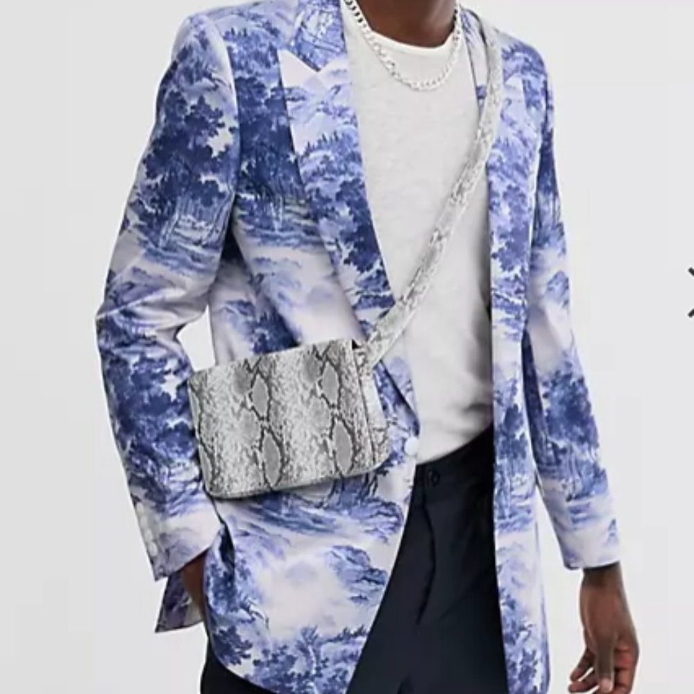 ASOS Blue Landscape/Fine China Print Longline Blazer